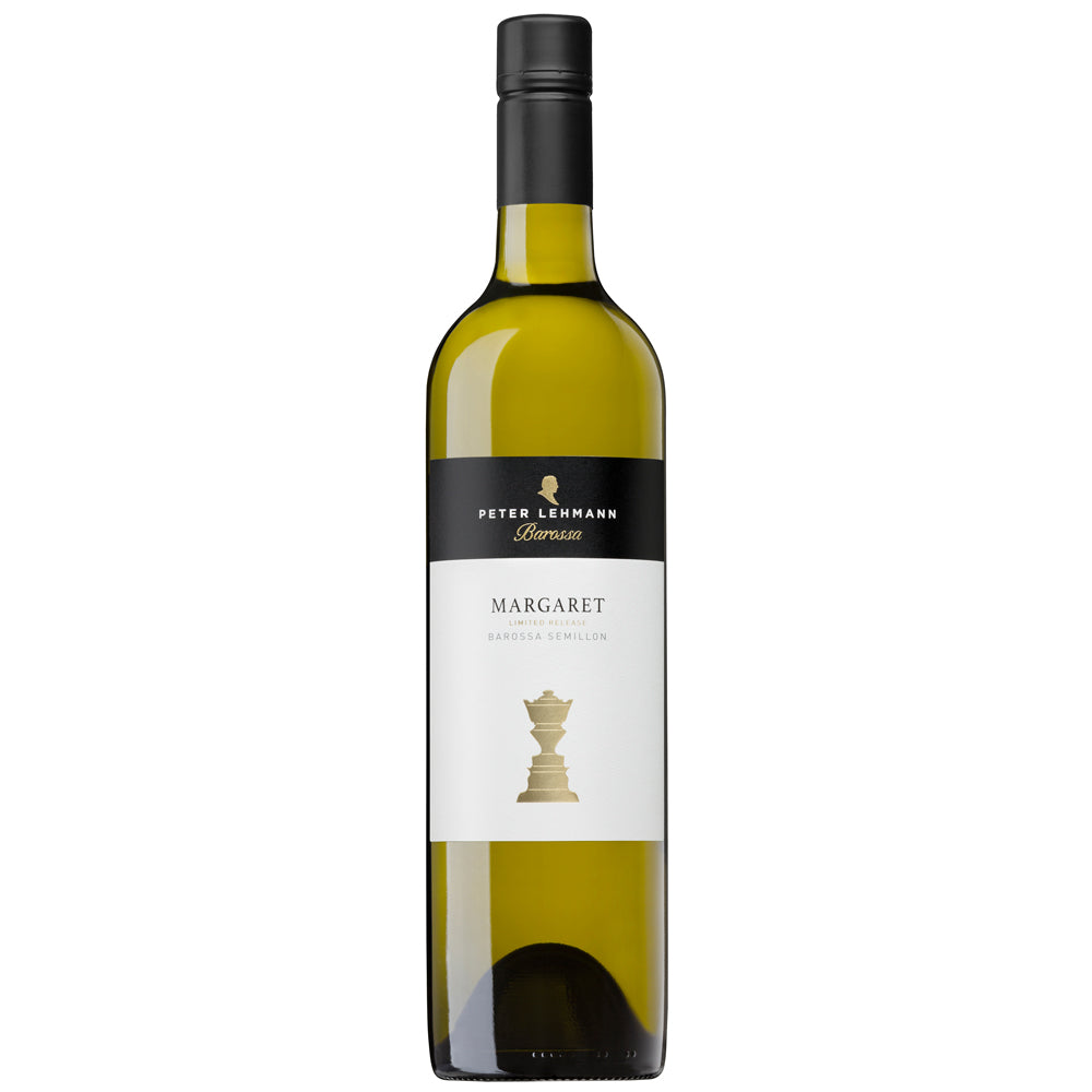 A bottle of Peter Lehmann Semillon white wine, featuring a black and white label with a gold chess piece graphic, set against a plain white background.