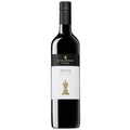 A bottle of Peter Lehmann Mentor Cabernet Sauvignon red wine. It has a dark bottle with a white label with a chess piece on it and a black screwcap.