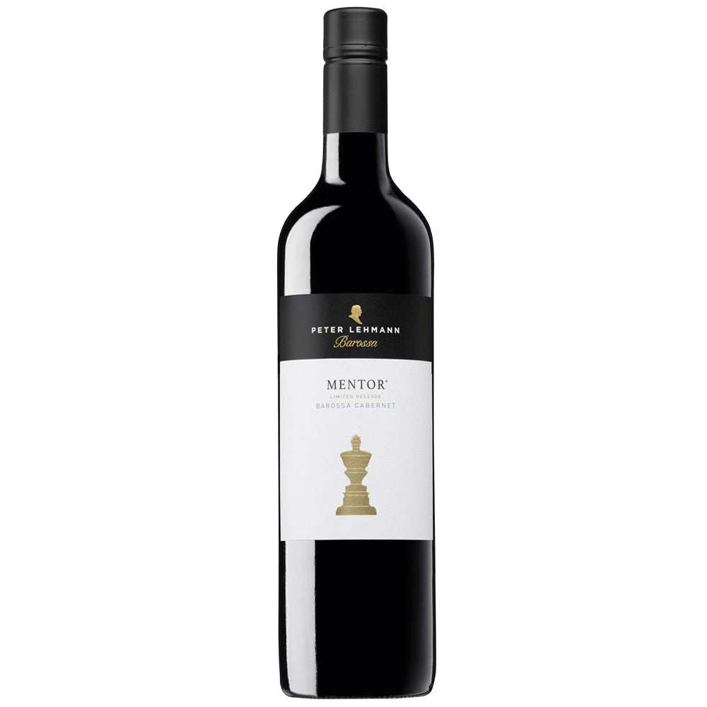 A bottle of Peter Lehmann Mentor Cabernet Sauvignon red wine. It has a dark bottle with a white label with a chess piece on it and a black screwcap.