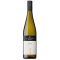 A bottle of Peter Lehmann Wigan Riesling white wine. It has a white and black label with a black screw cap.