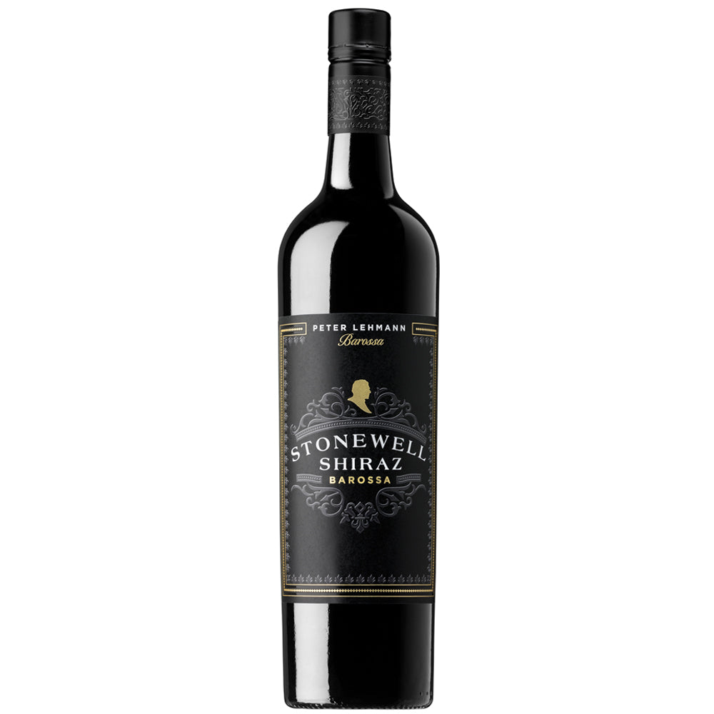 A bottle of Peter Lehmann Stonewell Shiraz Barossa red wine, featuring a black glass bottle with a black label accented by gold lettering and a small gold bird illustration.