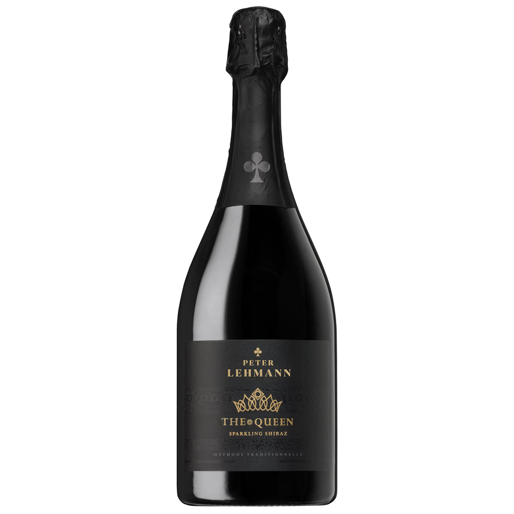 A bottle of Peter Lehmann The Queen Sparkling Shiraz on a solid white background.