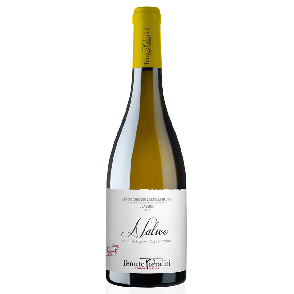 A bottle of Tenute Pieralisi Nativo Verdicchio white wine, featuring a white label and a bright yellow foil seal on a clean white background.
