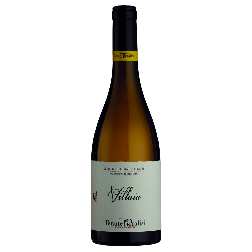 A bottle of Tenute Pieralisi Verdicchio di Castelli di Jesi Classico Superiore wine, featuring a white label with elegant black and red script, set against a plain white background.