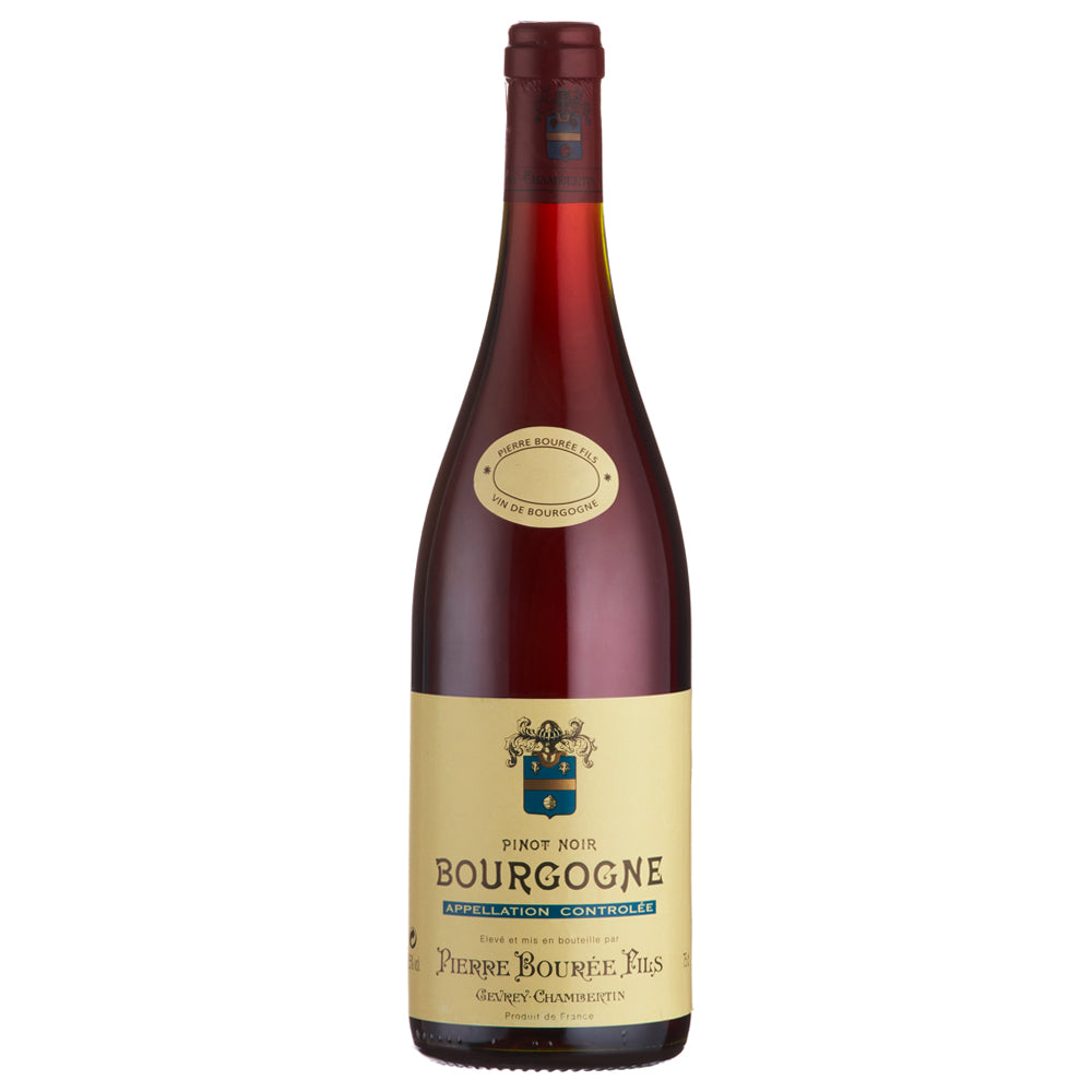 A bottle of Pierre Bouree Bourgogne Pinot Noir Red Wine with a cream-coloured label and a dark red-brown glass body, shown against a plain white background.