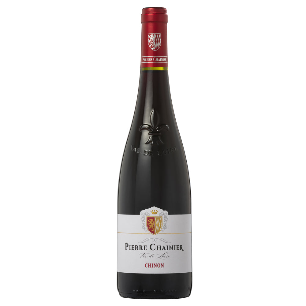 A bottle of Pierre Chainier Chinon red wine. There is a wihite label, with a re foil capsule and is set on a white background.