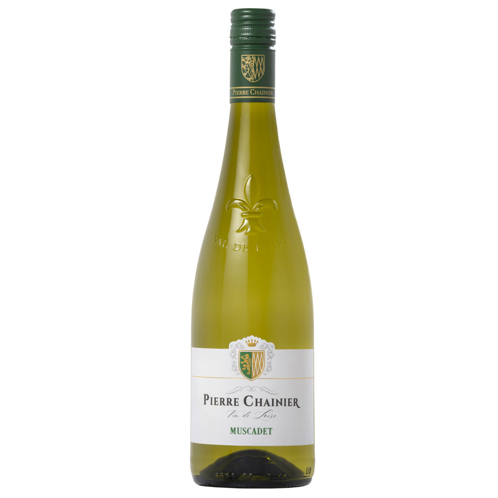 A bottle of Pierre Chainier Muscadet white wine in a green glass bottle with a white and gold label, set against a plain white background.