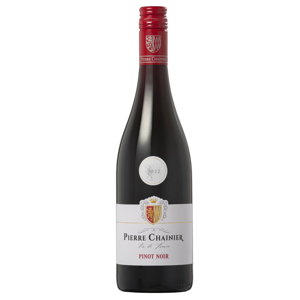 A bottle of Pierre Chainer Pinot Noir red wine, featuring a dark glass bottle, a red screw cap at the neck, and a white label with a gold and red crest.