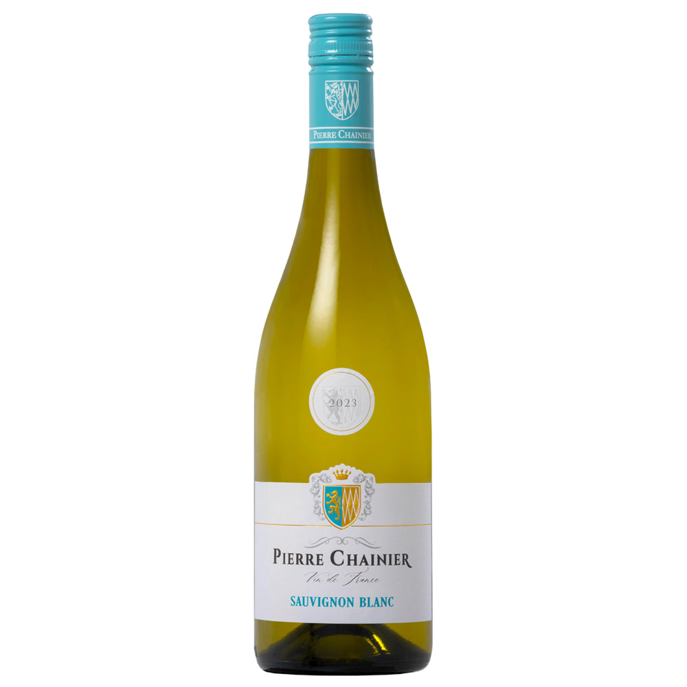A bottle of Pierre Chainer Sauvignon Blanc white wine, featuring a green glass bottle, a turquoise neck seal, and a white label with a gold and blue crest.