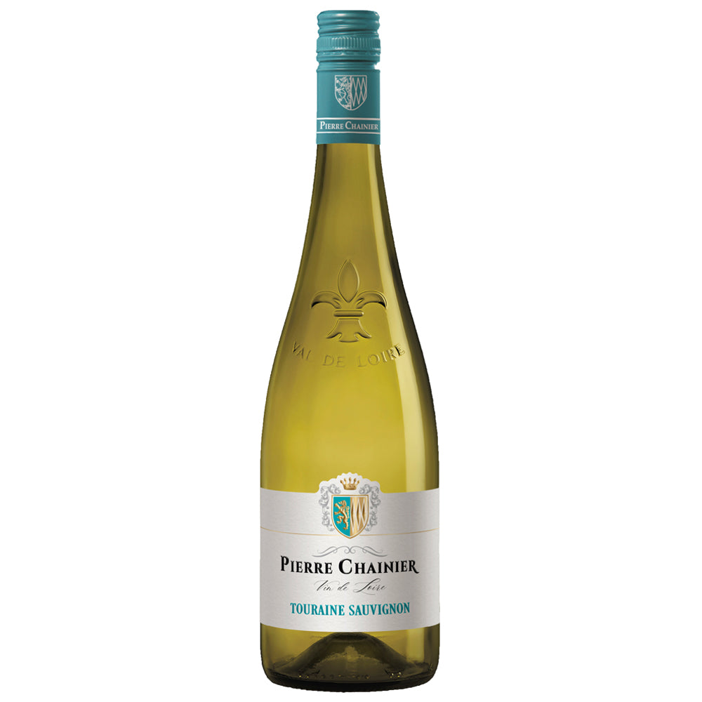 A bottle of Pierre Chainier Touraine Sauvignon Blanc white wine, featuring a pale green glass bottle, a white label with teal and gold accents, and a teal foil capsule at the neck, set against a plain white background.
