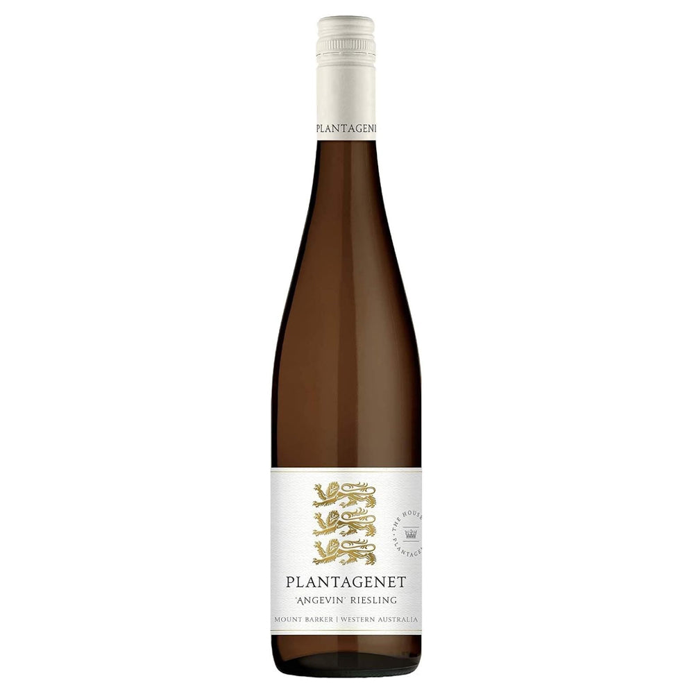 A bottle of Plantagenet Angevin Riesling Australian white wine, featuring a dark brown glass bottle, a white label with gold and black text, and a white capsule cap, set against a plain white background.
