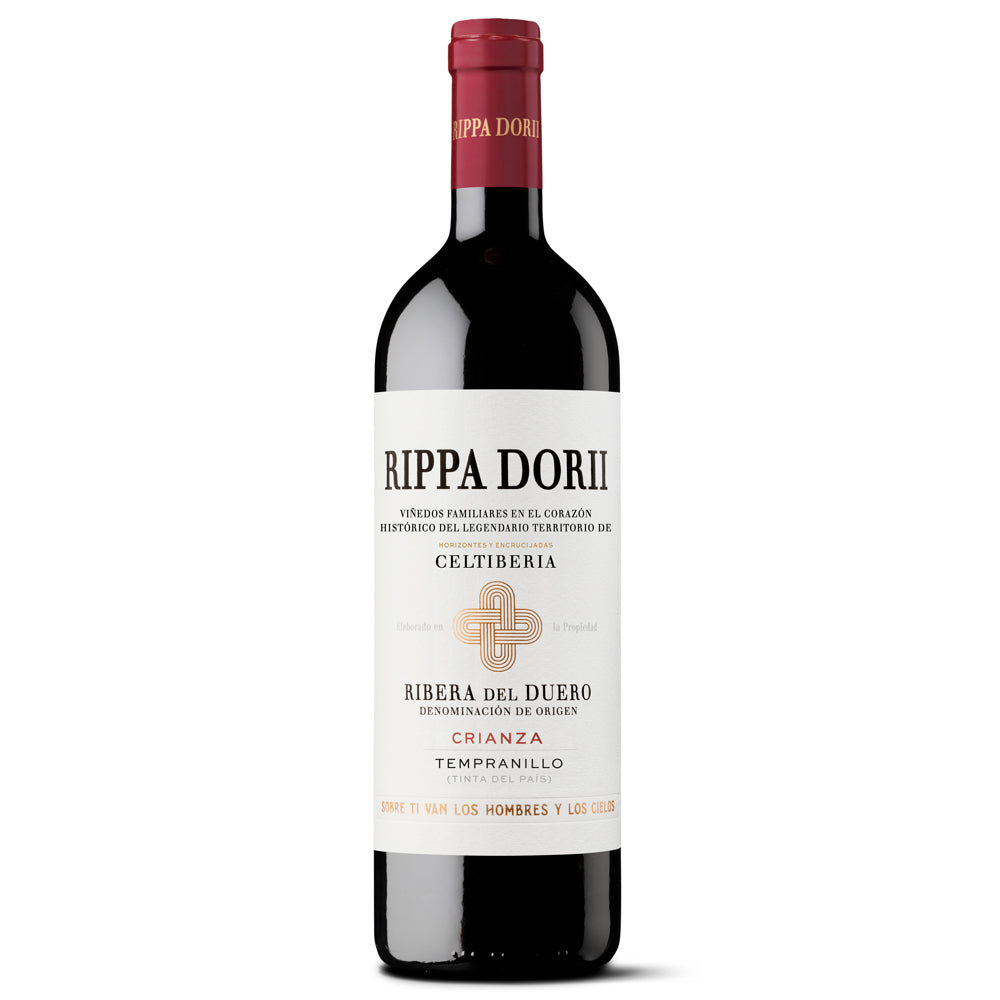 A bottle of Rippa Dori Crianza Tempanillo red wine, featuring a dark glass bottle, a red wax seal, and a white label with black and gold text, set against a plain white background.