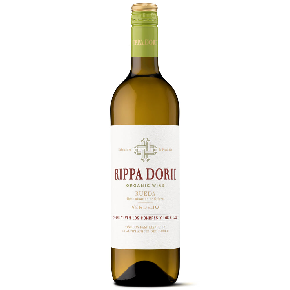 A bottle of Rippa Dorii Verdejo white wine on a clean white background. The dark glass bottle contains a light golden-yellow wine, featuring a white label with red and grey text, and a light green neck wrap with gold foil.