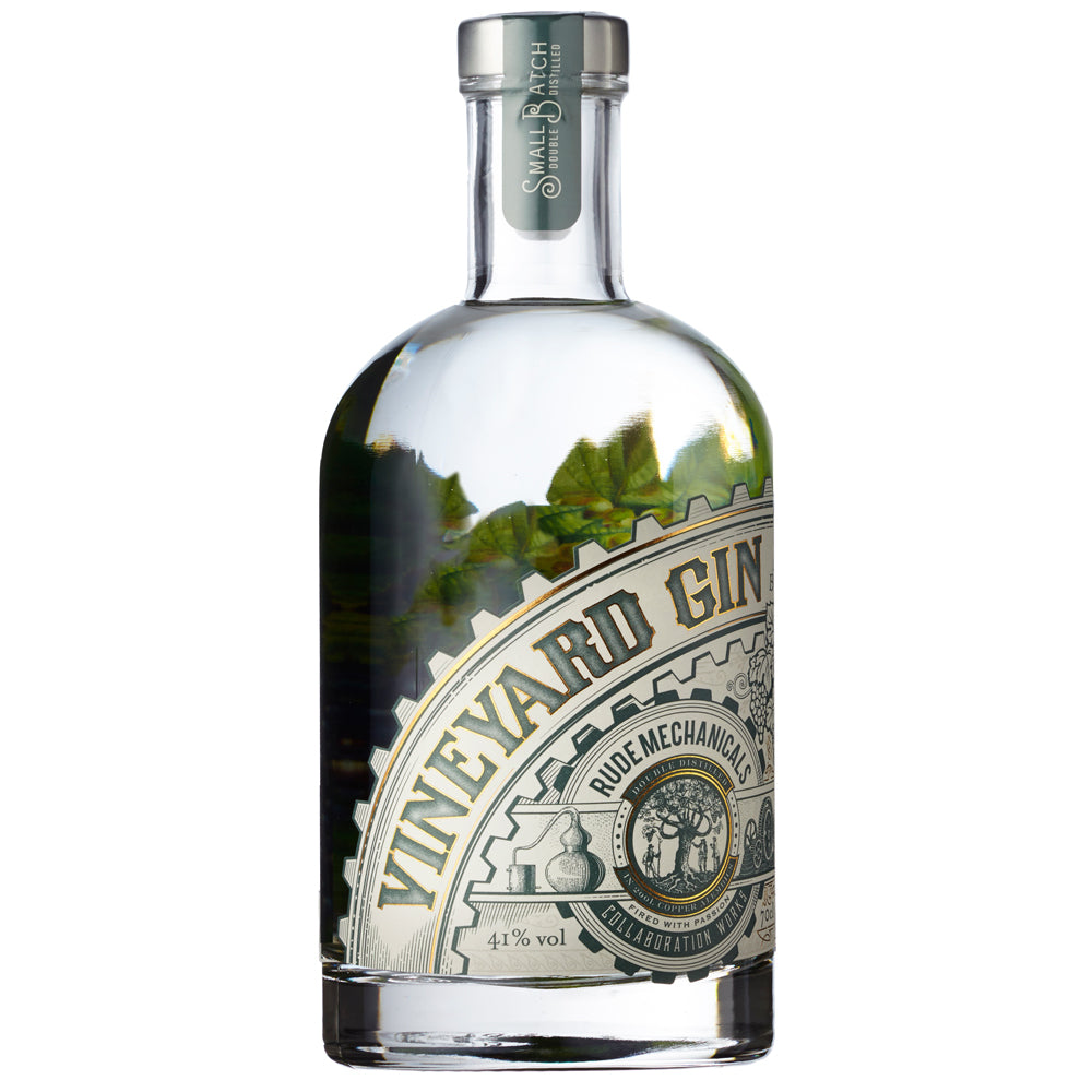 A bottle of Rude Mechanicals Vineyard Gin with a detailed vintage-style label, shown on a clean white background.