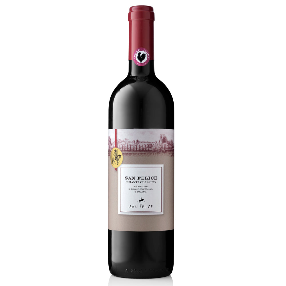 A bottle of San Felice Classico Chianti red wine, featuring a dark glass bottle with a deep red wax seal and a beige label with a castle illustration.