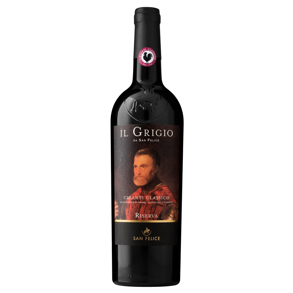 A bottle of San Felice Il Grigio Chianti Classico Riserva. It has a black label with a portrait of a bearded man. All set on a white background.