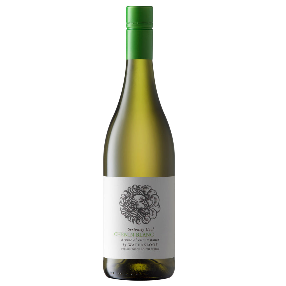 A bottle of Seriously Cool Chenin Blanc white wine with a green cap and a white label featuring a windy graphic, set against a plain white background.