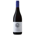A bottle of Waterkloof Seriously Cool Cinsault red wine with a dark glass body, a white label featuring a black line art illustration, and a blue foil cap, isolated on a white background.