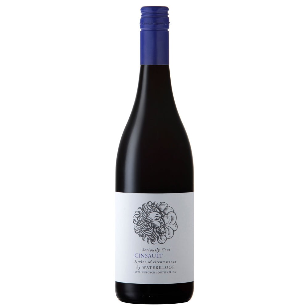 A bottle of Waterkloof Seriously Cool Cinsault red wine with a dark glass body, a white label featuring a black line art illustration, and a blue foil cap, isolated on a white background.
