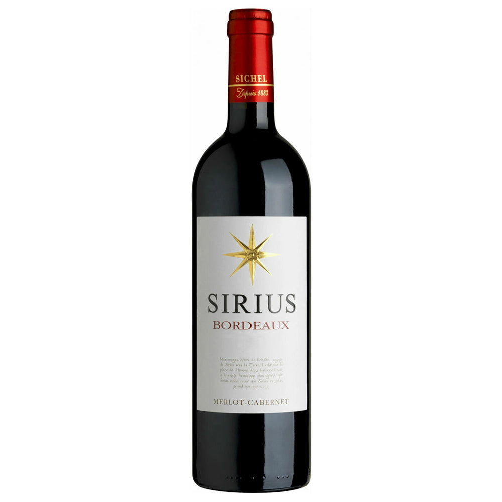 A bottle of Sichel Sirius Bordeaux red wine. It has a white label with a red foil capsule.