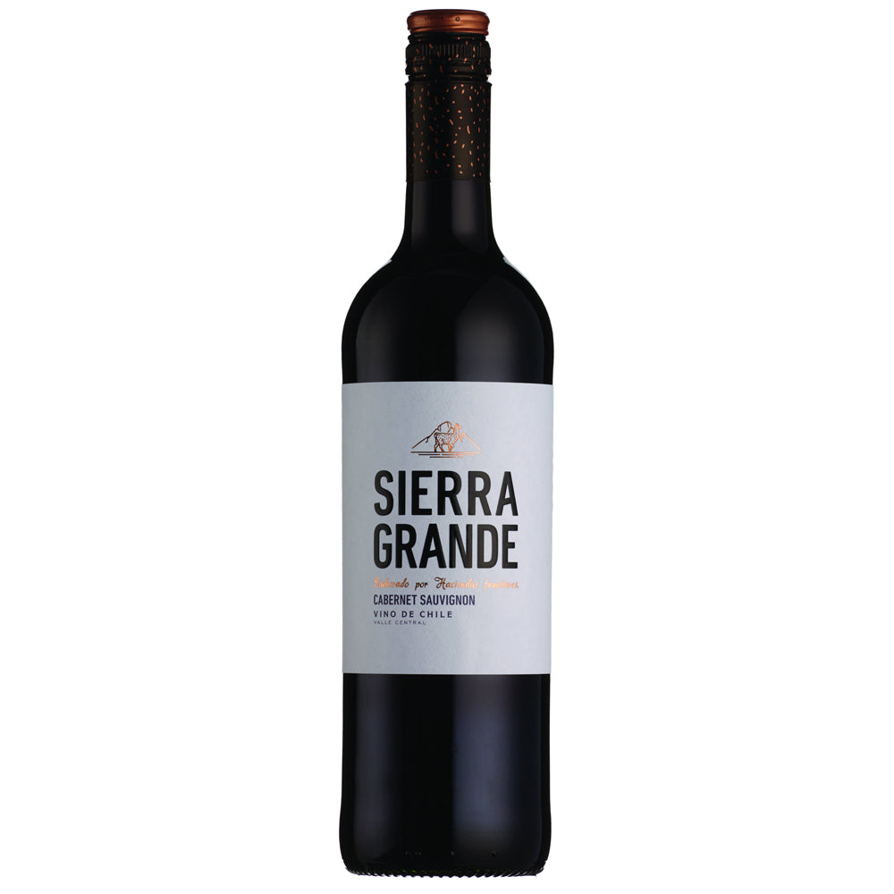 A bottle of Sierra Grande Cabernet Sauvignon, featuring a white label with black text and a dark glass bottle, set against a plain white background.