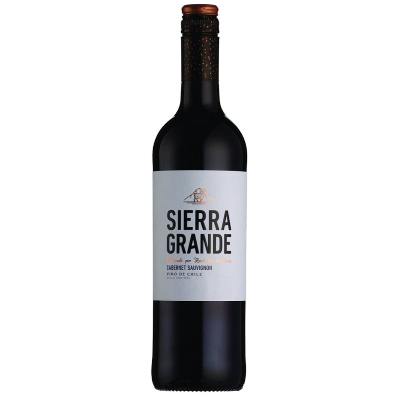 A bottle of Sierra Grande Cabernet Sauvignon, featuring a white label with black text and a dark glass bottle, set against a plain white background.