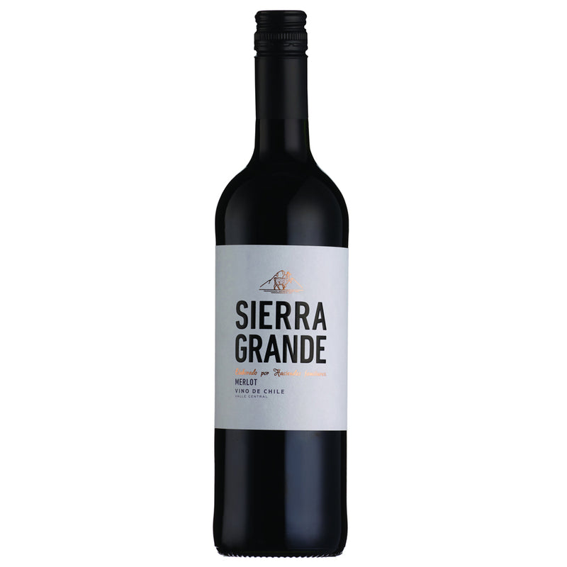 A bottle of Sierra Grande Merlot wine, featuring a dark glass bottle with a black cap and a white label with black text.