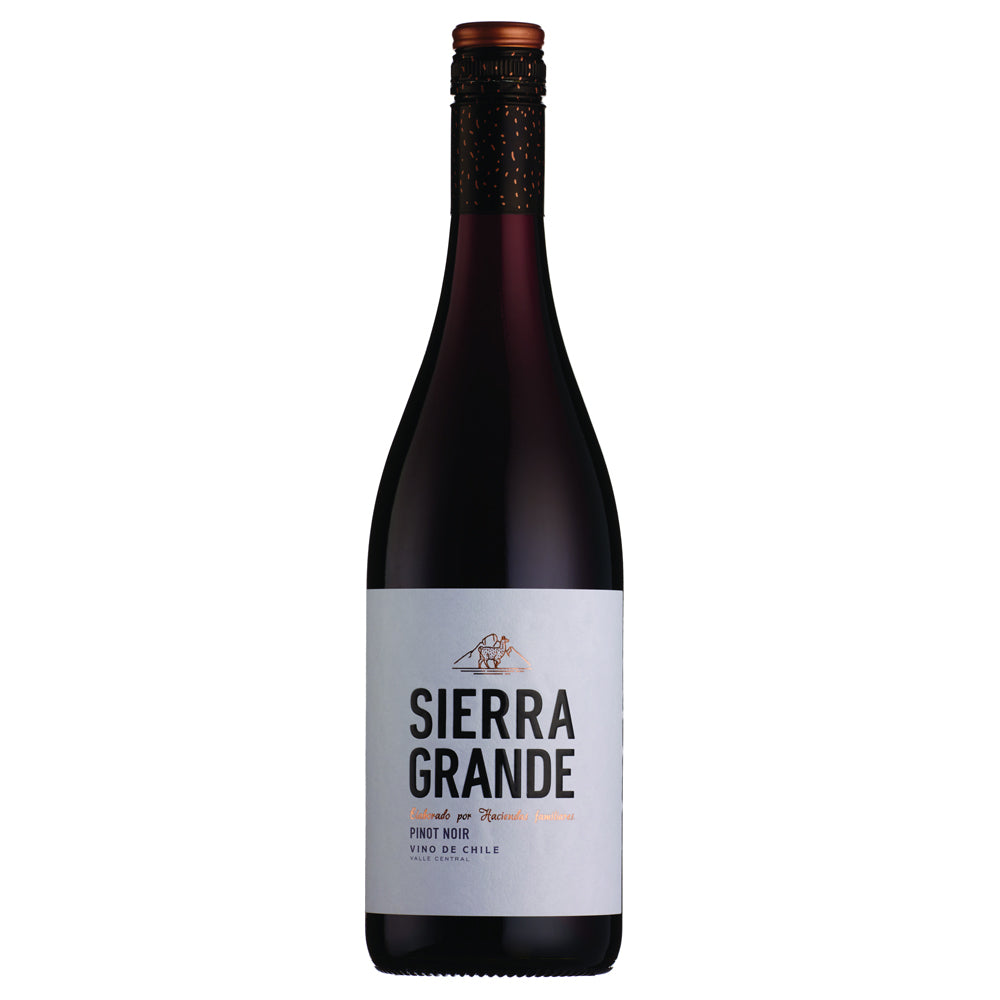 A bottle of Sierra Grande Pinot Noir Wine from San Joaquin Winery, featuring a white label with black text and a dark glass bottle with a copper-coloured foil top, set against a plain white background.