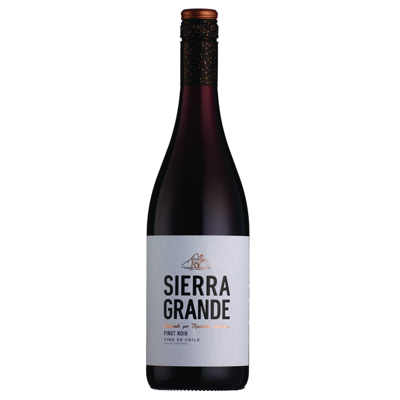 A bottle of Sierra Grande Pinot Noir Wine from San Joaquin Winery, featuring a white label with black text and a dark glass bottle with a copper-coloured foil top, set against a plain white background.