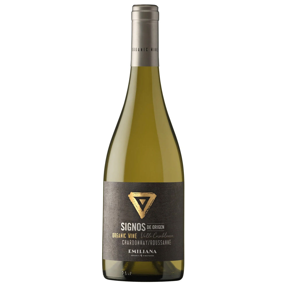 Wine bottle with Signos de Origen Organic Chardonnay Roussanne label on a white background