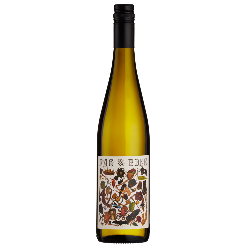 A bottle of Smalltown Vineyards Riesling white wine with a black cap and a cream label featuring a colourful illustration of animals and the text 'Rag & Bone'.
