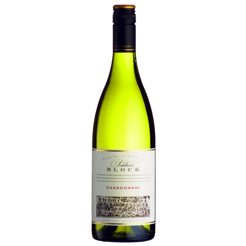 A bottle Soldier's Block Chardonnay white wine, featuring a vibrant yellow-green glass bottle, a black capsule seal, and a cream-coloured label with elegant script.