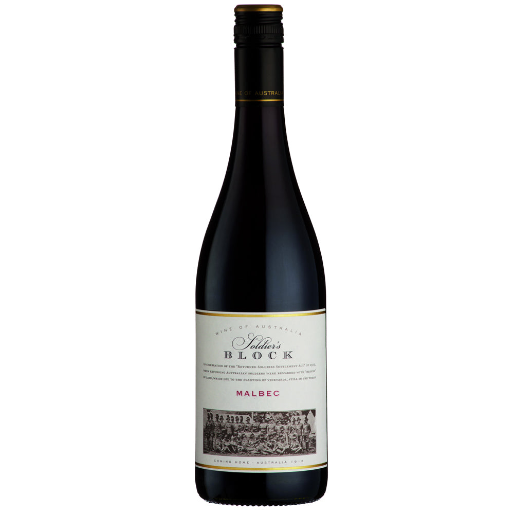 A bottle of Soldier's Block Malbec red wine, featuring a dark glass bottle with a cream-coloured label and a black screw cap, isolated on a white background.