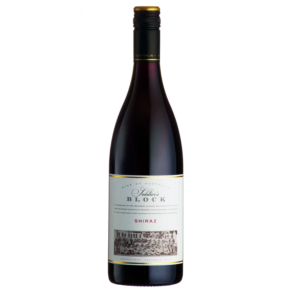 A bottle of Soldier's Block Shiraz red wine from Australia. It has a white label and a black screw cap.