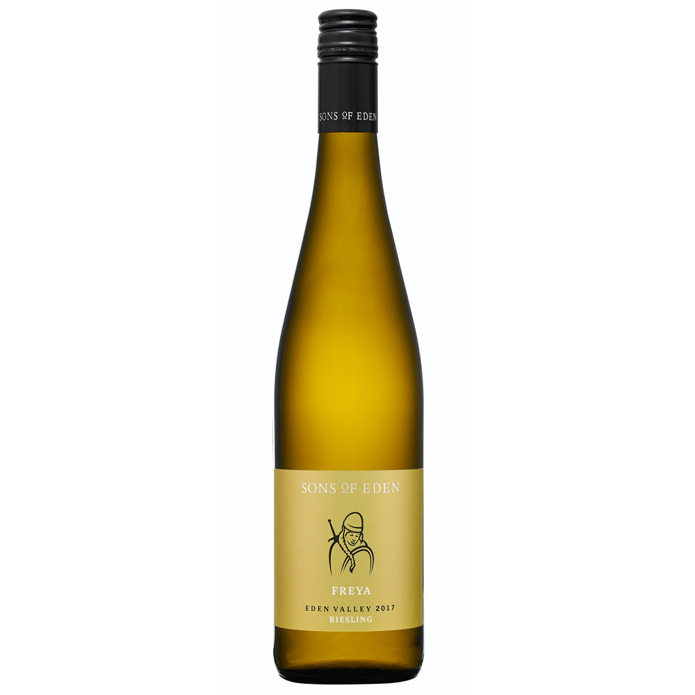 A green/brown bottle of Sons of Eden Freya Riesling. It has a gold label with a picture of a viking warrior. It has a black screw cap.
