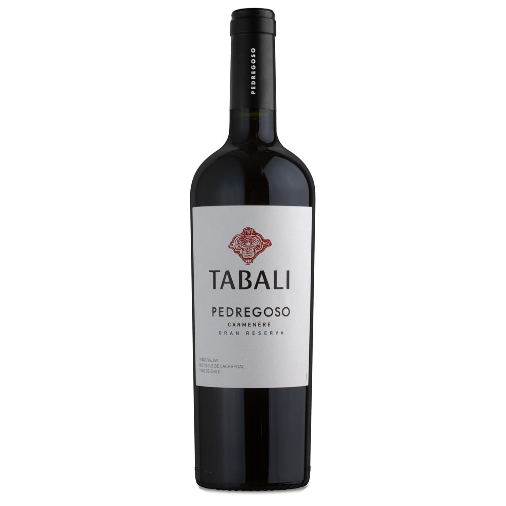 A bottle of Tabali Pedregoso Carmenere, with a square white label with a red logo at the top.