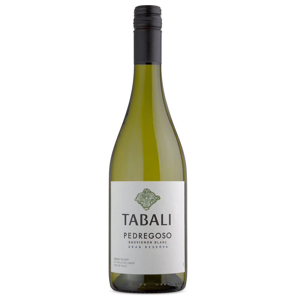 A bottle of Tabali Pedregoso Sauvignon Blanc white wine, featuring a dark green glass bottle, a black screw cap, and a white label with green and black text, set against a plain white background.