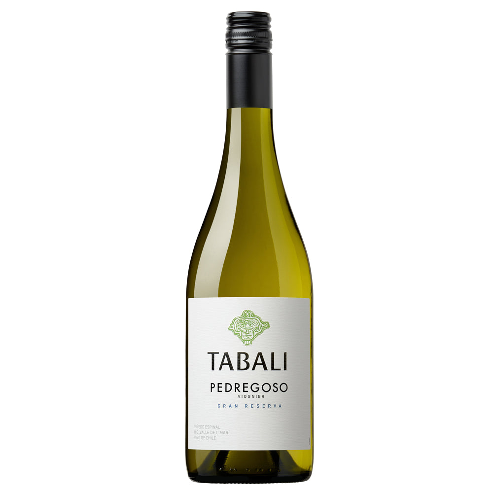 A bottle of Tabali Pedregoso Viognier white wine, featuring a green-tinted glass bottle, a black screw cap, and a white label with green and black text, set against a plain white background.