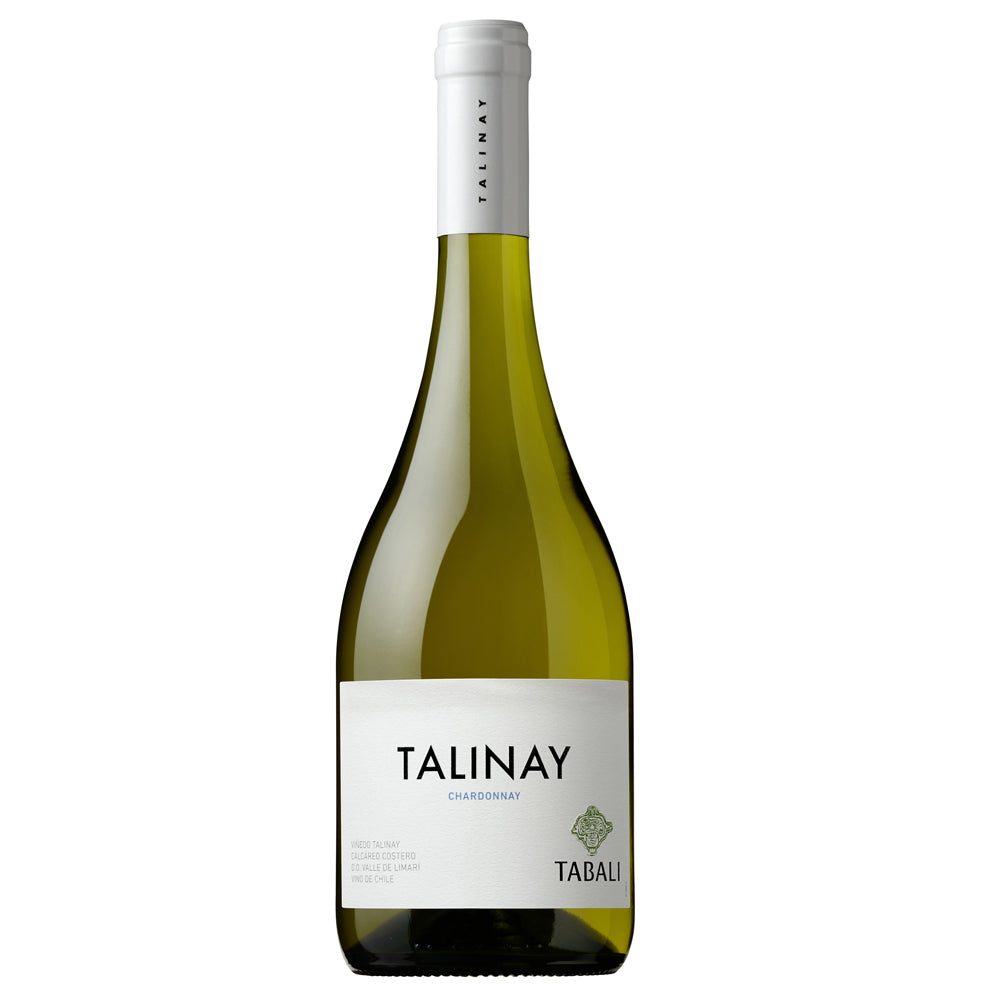 A bottle of Tabali Talinay Chardonnay , featuring a pale green glass bottle, a white paper label, and a white foil-wrapped neck on a solid white background.