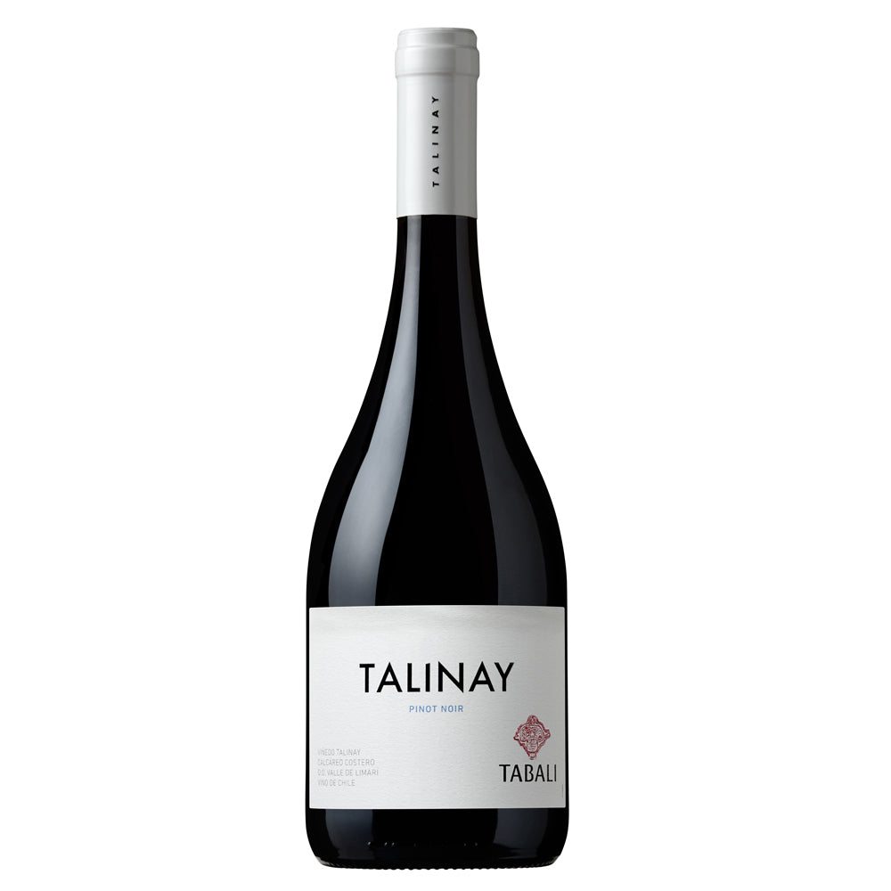 A bottle of Tabali Talinay Pinot Noir red wine, featuring a dark glass bottle with a white label and white capsule, centred on a plain white background.