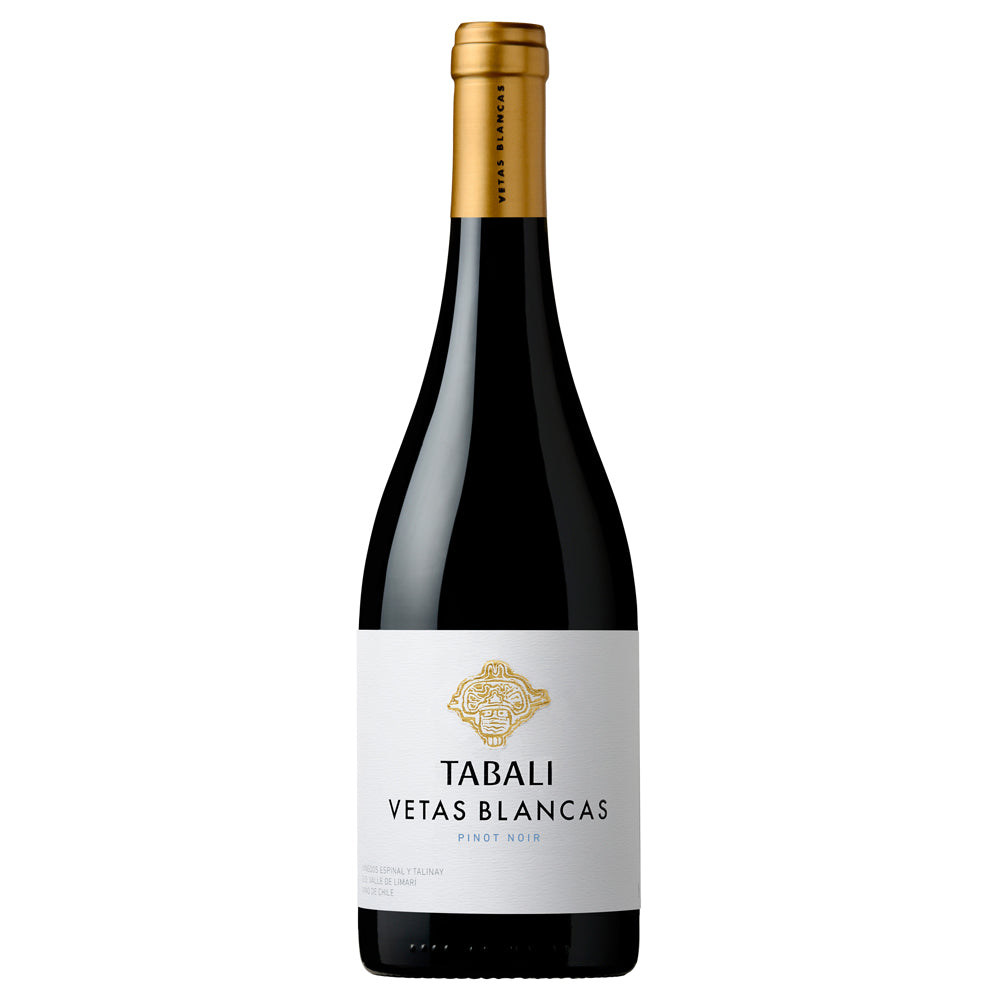 A bottle of Tabali Vetas Blancas Pinot Noir red wine with a dark glass body, a white label with gold detailing, and a gold foil capsule at the neck, set against a plain white background.