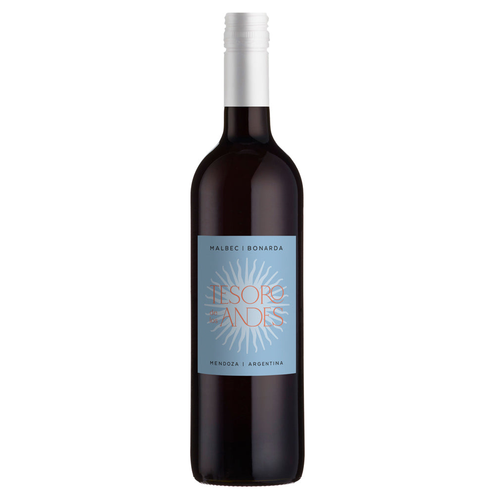 A bottle of Tesoro de los andes Malbec Bonarda red wine from Mendoza, Argentina, featuring a light blue label with a sunburst design and a white screw cap, set against a plain white background.