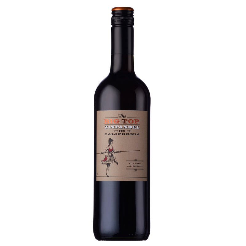A bottle of red wine from The Big Top Zinfandel, featuring a dark glass bottle with a beige label and a black screw cap, shown against a plain white background.