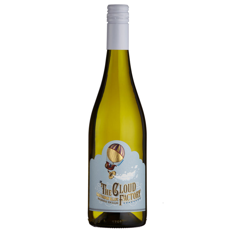 A bottle of Sauvignon Blanc white wine from The Cloud Factory, featuring a pale yellow-green glass bottle, a white screw cap, and a white label with a blue cloud graphic and hot air balloon illustration.