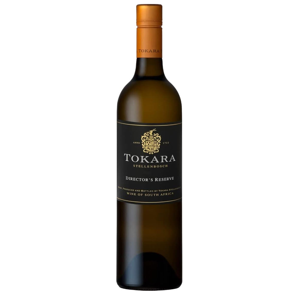 A bottle of Tokara Director's Reserve white wine with a dark label and gold cap, shown against a plain white background.