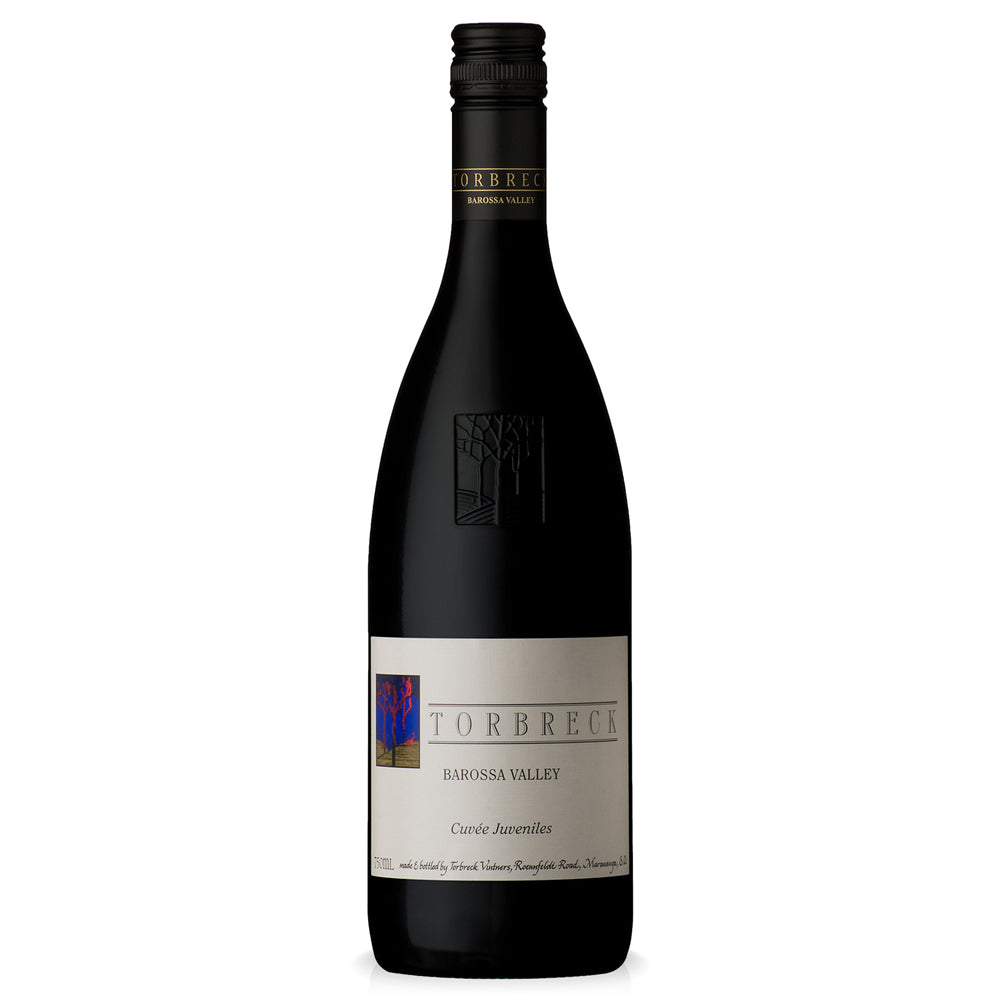 Wine bottle of Torbreck Cuvee Juveniles Australian red wine. It has a white label and black screw cap all on a white background.