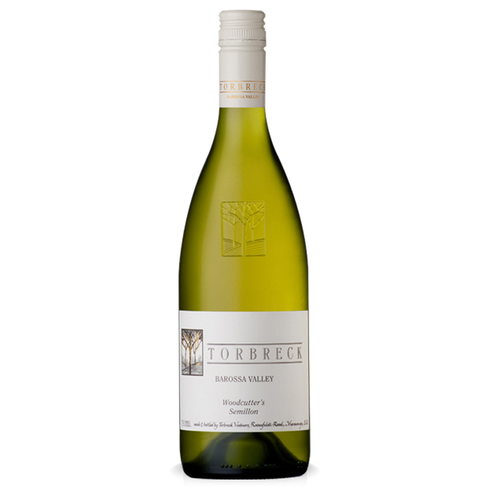 A bottle of Torbreck Barossa Valley Woodcutter's Semillon white wine, featuring a pale green glass bottle, a white label with black text, and a white screw cap, set against a plain white background.