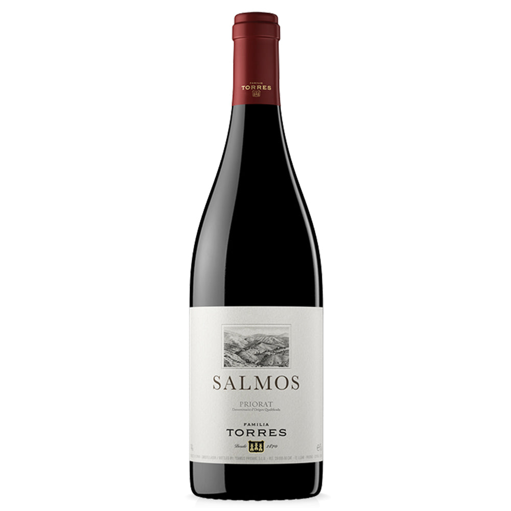 A bottle of Salmos Priorat red wine by Torres, featuring a dark glass bottle with a white label and a dark red foil capsule, set against a plain white background.