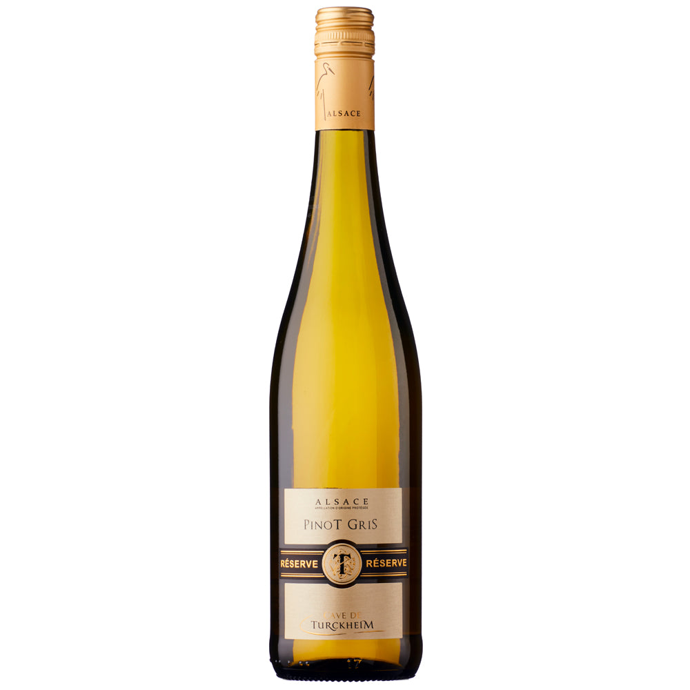 A bottle of Alsace Pinot Gris Reserve by The Turckheim, featuring a gold foil neck wrap and a cream-coloured label with black text, set against a plain white background.