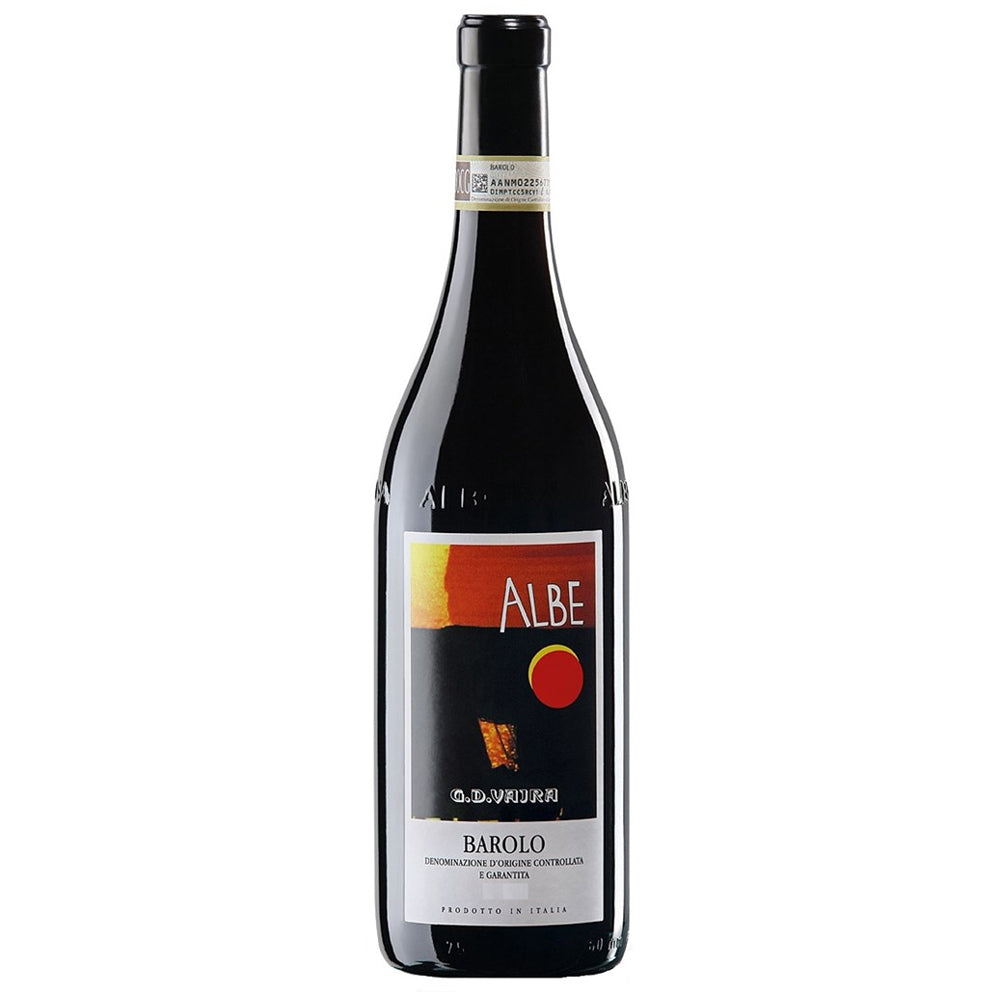 A bottle of G D Vajra Barolo Le Albe red wine from Piemonte. The label shows an abstract art work.